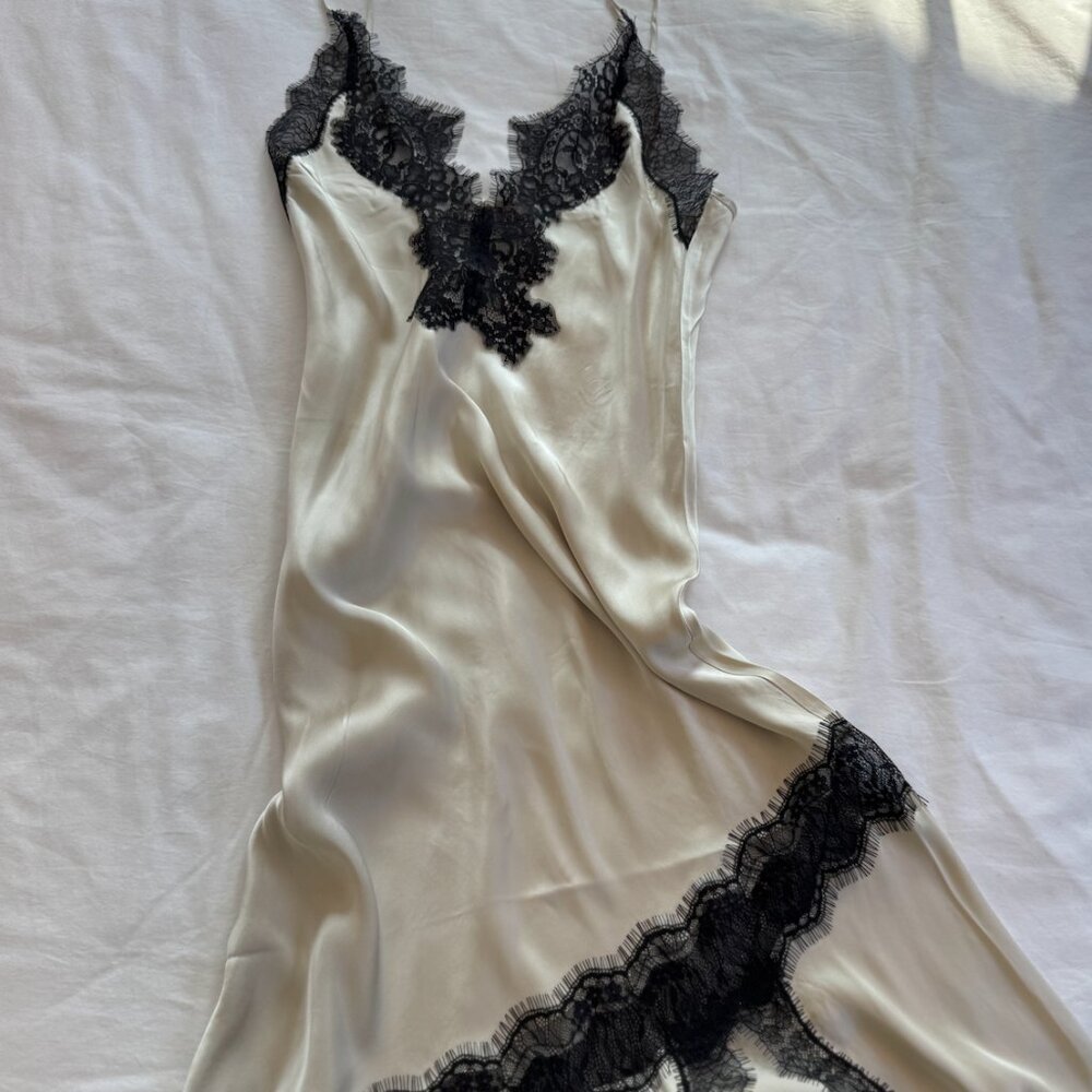 Helsa Silk Satin Ivory Maxi Slip Dress with Black Lace Trim - Picture 2 of 4